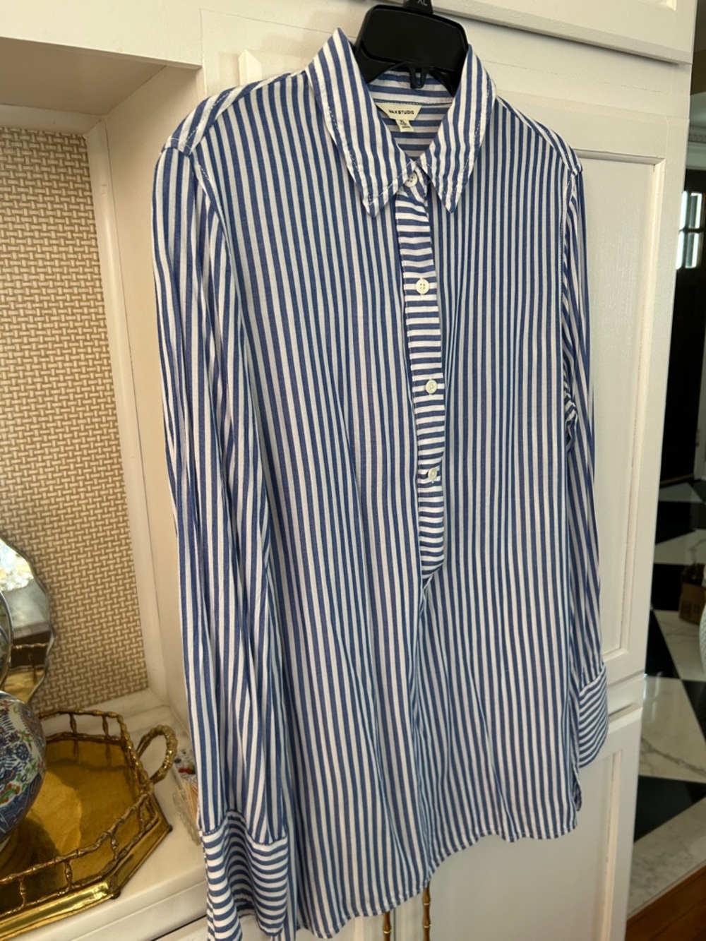 Max Studio Blue & White Vertical Stripe Button-Down Shirt
